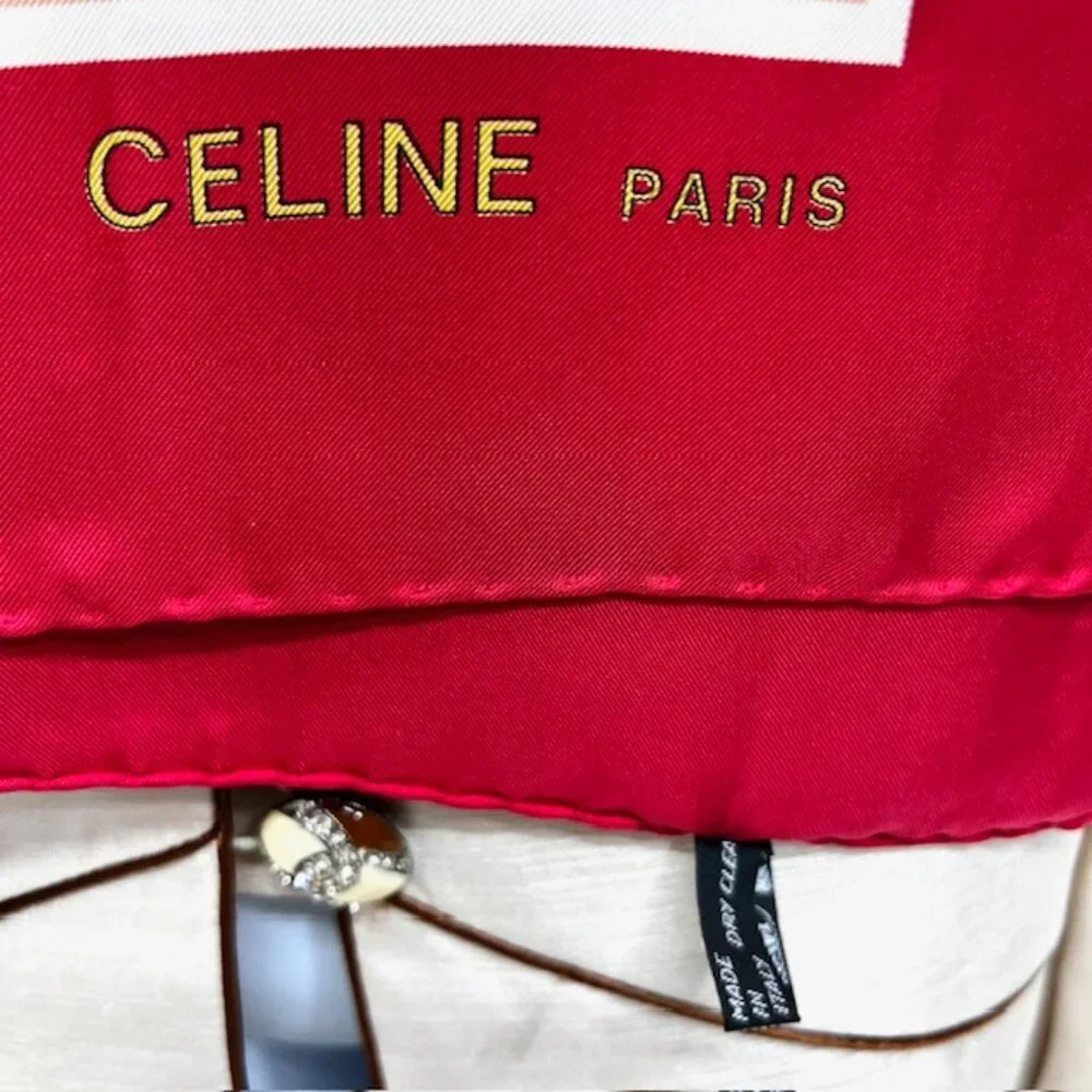 Vintage Celine Paris 100% Silk Scarf Satin 34" Red beich peach pink gold  (35) - Picture 11 of 16